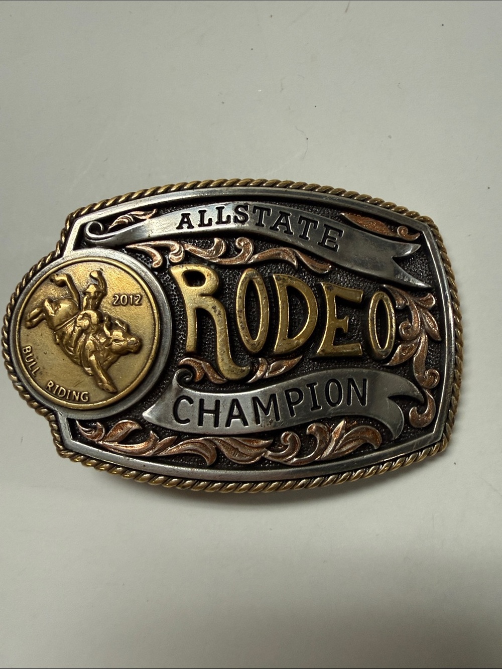 2012 STATE Rodeo Champion Men’s Belt Buckle - Two-Tone Gold & Silver